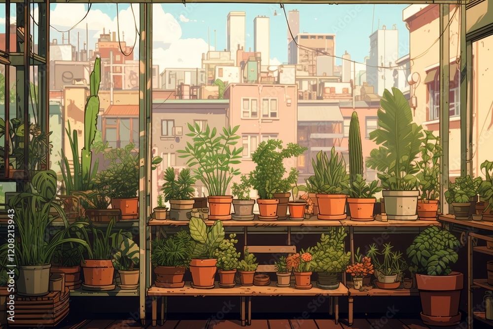 Fototapeta premium Domestic Life. balcony with many plants, flowerpots, against background of roofs of houses