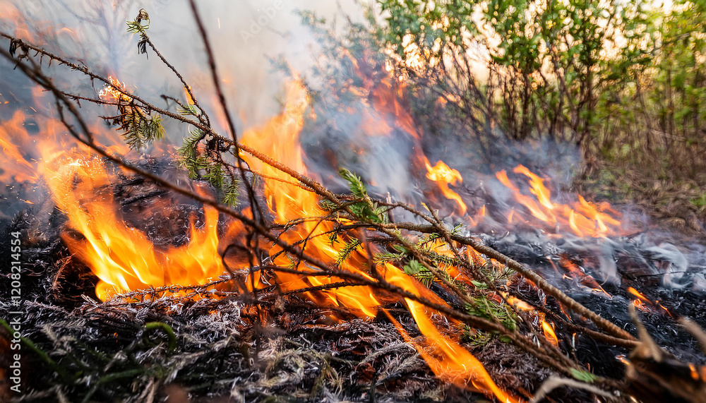 Burning tree branches on the ground. Burning forest, wildfire. Uncontrolled and unpredictable fire. Burning tree branches on the ground. Burning forest, wildfire. Uncontrolled and unpredictable fire.