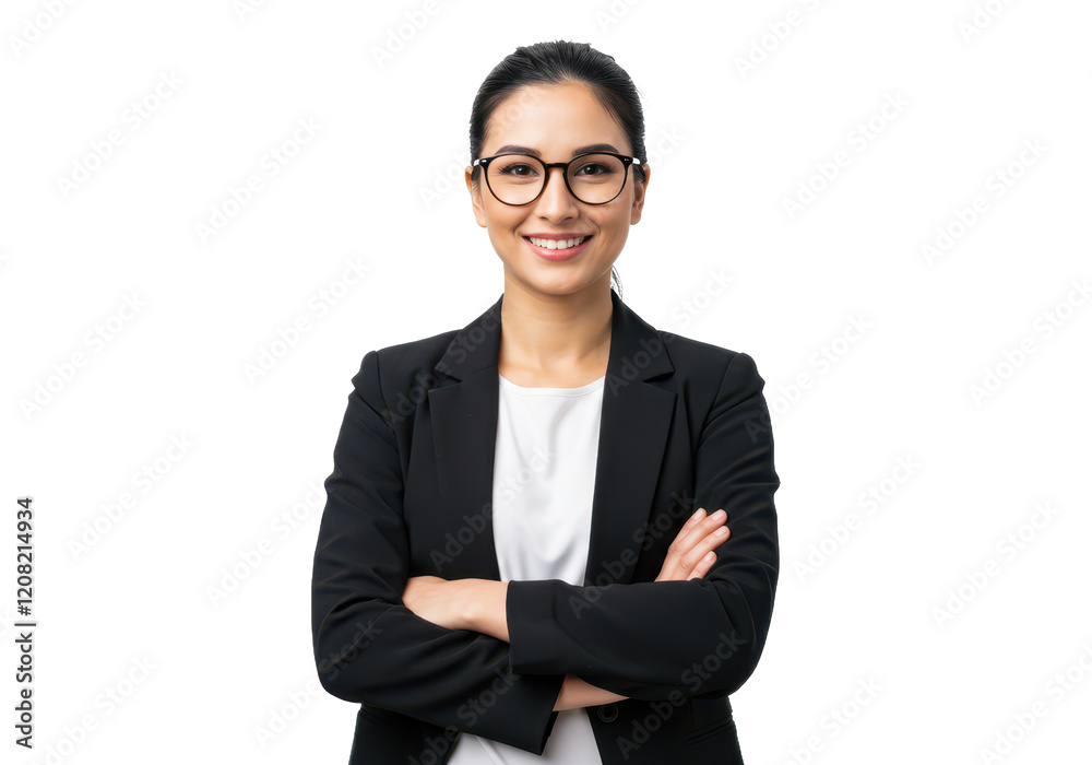 A professional woman with dark hair tied back, wearing glasses, a black blazer, and a white shirt, standing with arms crossed isolated on transparent background A professional woman with dark hair tied back, wearing glasses, a black blazer, and a white shirt, standing with arms crossed isolated on transparent background