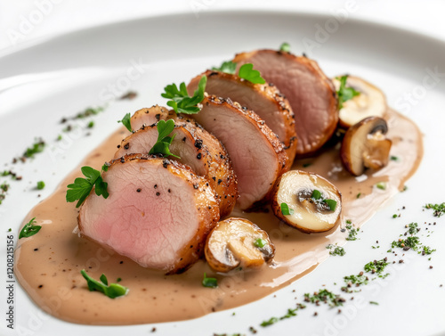 Pork tenderloin with a rich, creamy mushroom sauce on a white plate, garnished with herbs. Styled for a minimalist gourmet look.
