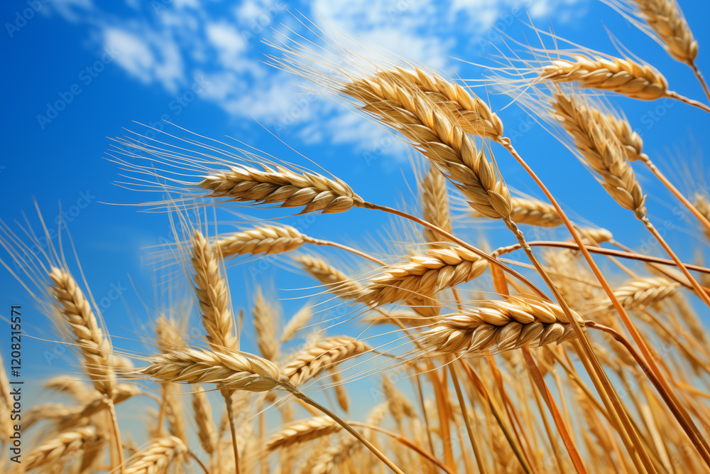 Golden wheat sways gently under a clear blue sky. The sunlight highlights the grains, creating a serene and abundant agricultural scene. Summer warmth fills the air. Golden wheat sways gently under a clear blue sky. The sunlight highlights the grains, creating a serene and abundant agricultural scene. Summer warmth fills the air.