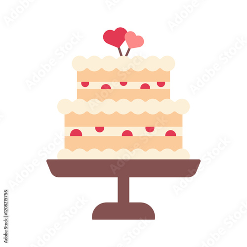 Festive wedding cake flat icon with heart toppers. Vector illustration