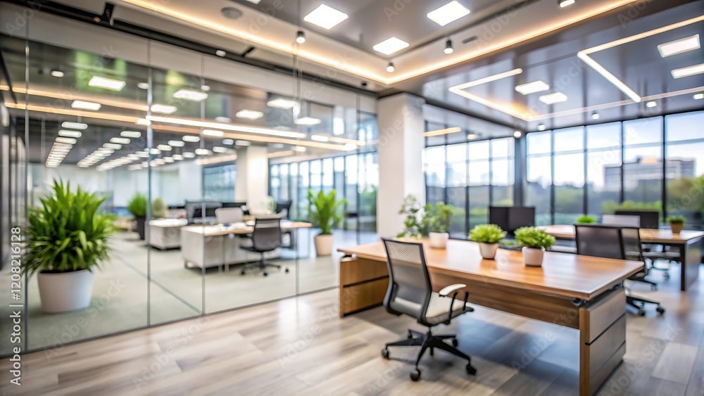 Modern office interior with large windows allowing natural light featuring desk and a potted plant Modern office interior with large windows allowing natural light featuring desk and a potted plant