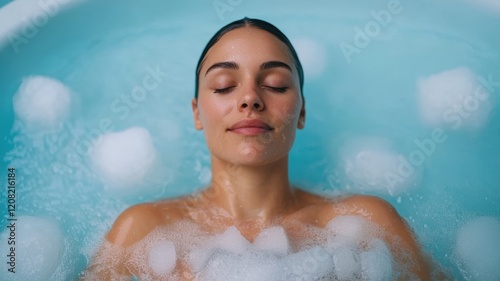 A serene woman enjoys a relaxing bath in a turquoise tub with ice cubes floating around, embodying tranquility and refreshment.