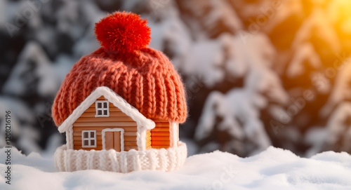 A small wooden house sits on a snowy field, wearing an oversized red knitted hat, with snow-covered trees in the background reflecting the warm sunset light.