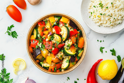 Top-down view of vibrant ratatouille and couscous, styled on a white marble surface with raw vegetables scattered elegantly.
