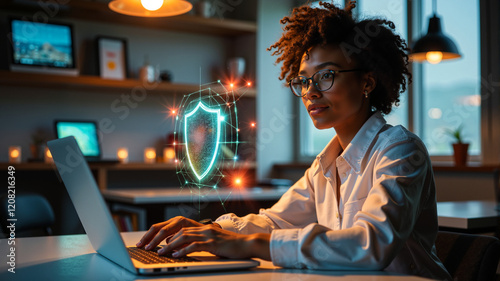 African American woman using a laptop with a digital security shield displayed on the screen, concept of cybersecurity in personal workspaces
