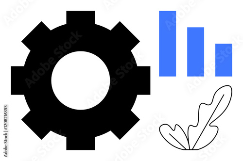 Large black gear, blue descending bar chart, and simple black leaf element. Ideal for business efficiency, growth analytics, sustainability, data management, process optimization, environmental