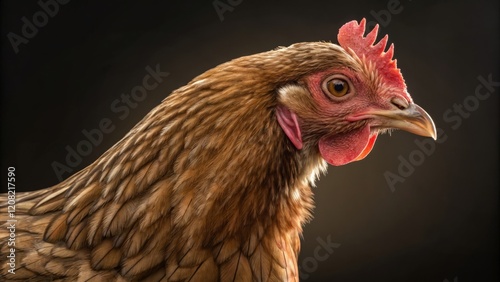 Close-up Hen Portrait Golden Feathers, Dark Background, Animal Photography, Chicken Chicken photography, poultry photo