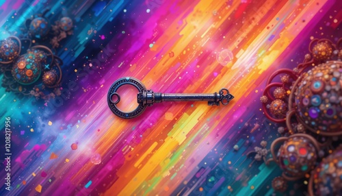 A vintage key rests centrally on a vivid, swirling background of colors, surrounded by intricate designs that evoke curiosity and wonder. The artistic blend creates an enchanting atmosphere