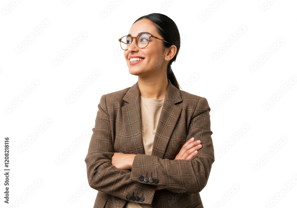 A confident woman with glasses, wearing a brown plaid blazer and a beige shirt, arms crossed isolated on transparent background A confident woman with glasses, wearing a brown plaid blazer and a beige shirt, arms crossed isolated on transparent background