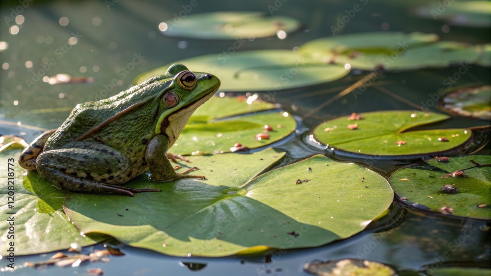 Green Frog on Lily Pad Close-up Composition, Water Lily Detail, Natural Pond Concept,Amphibian Photography Amphibian,Nature Photography Green Frog on Lily Pad Close-up Composition, Water Lily Detail, Natural Pond Concept,Amphibian Photography Amphibian,Nature Photography