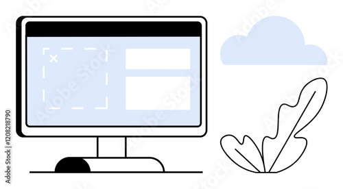 Computer monitor with interface windows, cloud, and leaf. Ideal for technology, productivity, cloud computing, environment, modern office digital organization IT concepts. Abstract line flat