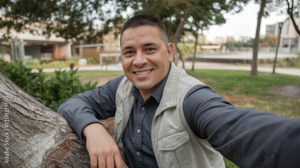 Smiling Hispanic man in casual attire leaning against a tree in a green park, exuding a friendly and cheerful vibe. Smiling Hispanic man in casual attire leaning against a tree in a green park, exuding a friendly and cheerful vibe.