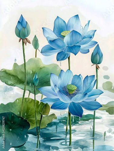 Serene blue lotus flowers in full bloom surrounded by green leaves, reflected on calm water with soft artistic tones.
