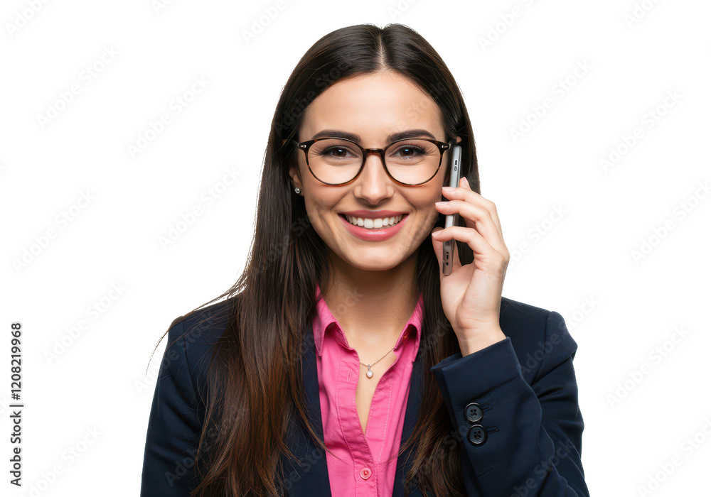 A cheerful professional woman with long dark hair, wearing glasses, a dark blue blazer, and a pink blouse, holding a phone to her ear isolated on transparent background A cheerful professional woman with long dark hair, wearing glasses, a dark blue blazer, and a pink blouse, holding a phone to her ear isolated on transparent background