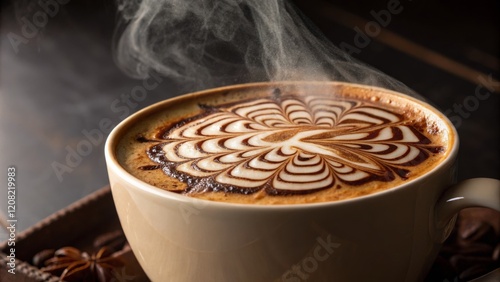 Steaming Cappuccino with Latte Art Close-up, Coffee Cup, Floral Design, Beverage Photography, Hot Drink Coffee, Cappuccino