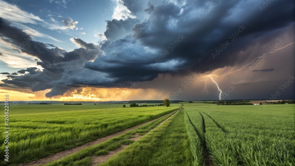 Stormy Sunset Landscape Dramatic Lightning over Green Fields, Photography, Nature, Landscape Keywords weather, thunderstorm Stormy Sunset Landscape Dramatic Lightning over Green Fields, Photography, Nature, Landscape Keywords weather, thunderstorm