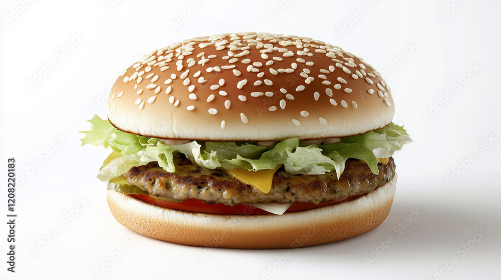 Centrally placed vegetarian burger on a fading white background with elegant, minimal composition. Centrally placed vegetarian burger on a fading white background with elegant, minimal composition.