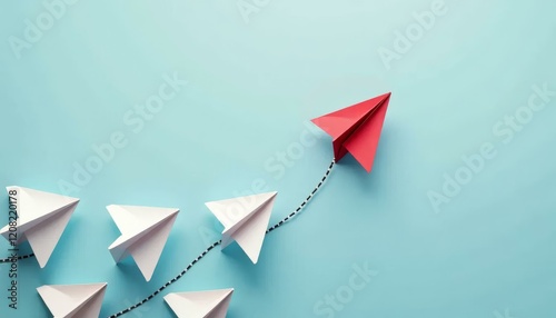 Red Paper Airplane Leading the Way on Blue Background