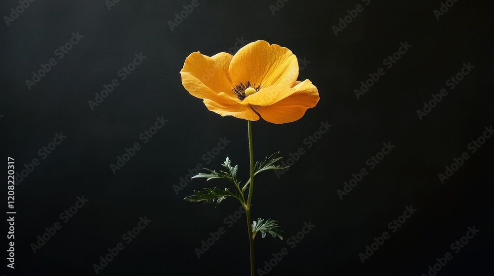 Solitary Yellow Poppy Against Dark Background: A Study in Contrast and Elegance Solitary Yellow Poppy Against Dark Background: A Study in Contrast and Elegance