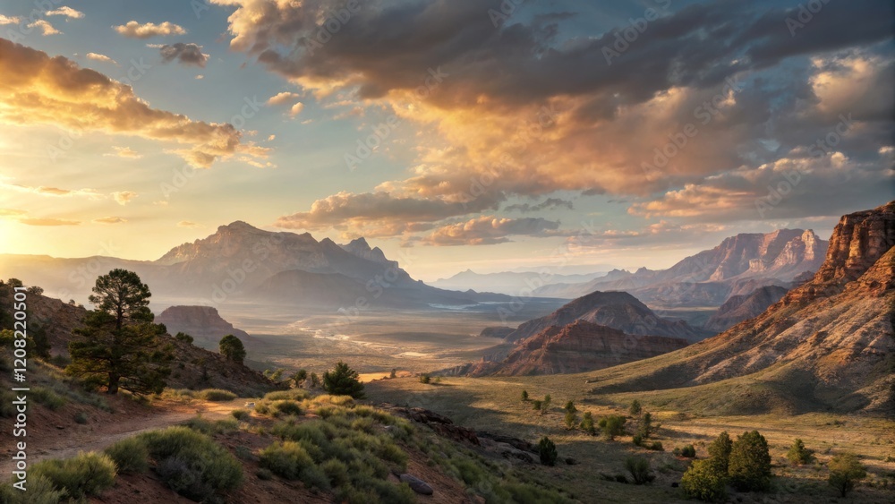 Fototapeta premium Sunset Over Canyon Landscape Wide Shot Composition, Dramatic Cloudscape, Golden Hour Light, Desert Vista. Landscape Photography, Nature