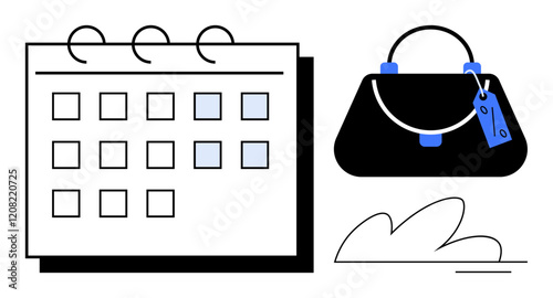 Calendar with highlighted dates next to a handbag with a tag, representing planning and organization. Ideal for scheduling, appointments, events, shopping, time management, business logistics