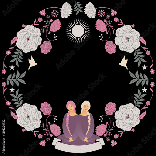 Ornamental rounded frame of flowers and animals for cover books, fables and fairy tales. Zodiac sign illustration