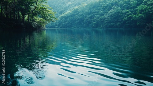 Tranquil lake scene surrounded by lush green foliage reflecting on the calm water. photo