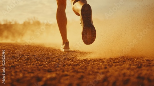 Trail runner sport shoes swiftly Running on a dusty Trail, showing determination and speed photo