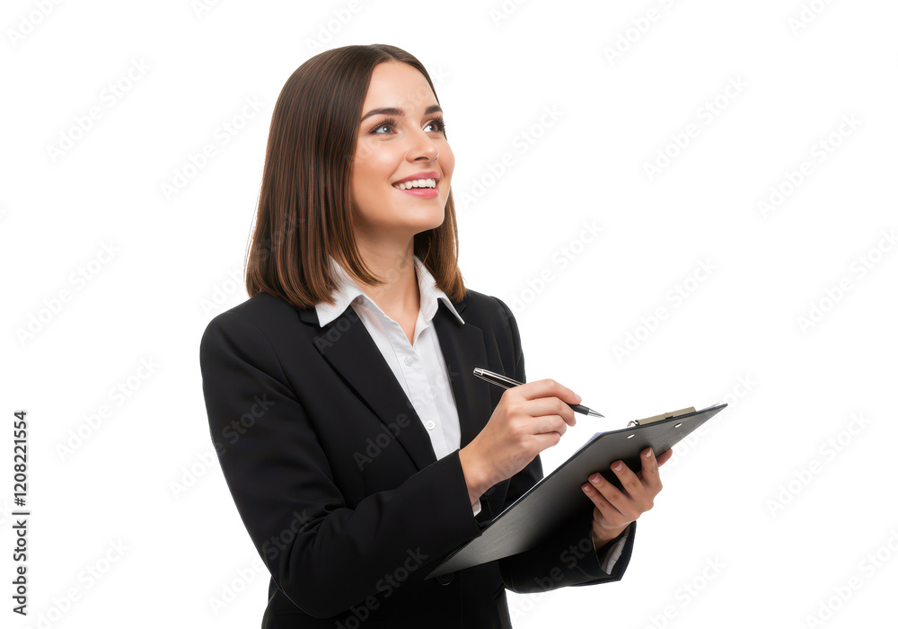 A professional young woman with brown hair, wearing a black suit and white shirt, holding a clipboard and pen isolated on transparent background A professional young woman with brown hair, wearing a black suit and white shirt, holding a clipboard and pen isolated on transparent background
