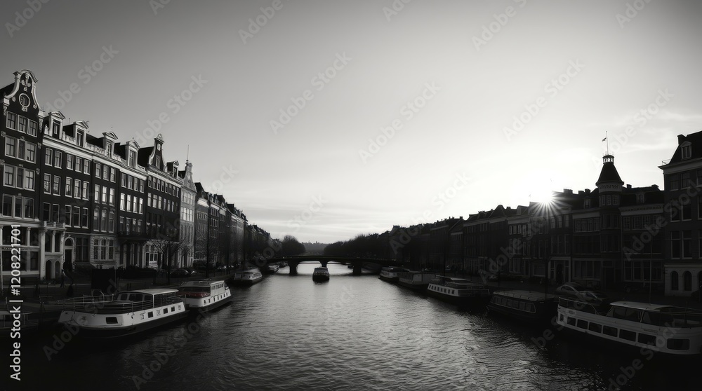 Fototapeta premium Amsterdam Canal Sunset: Monochromatic Cityscape with Boats