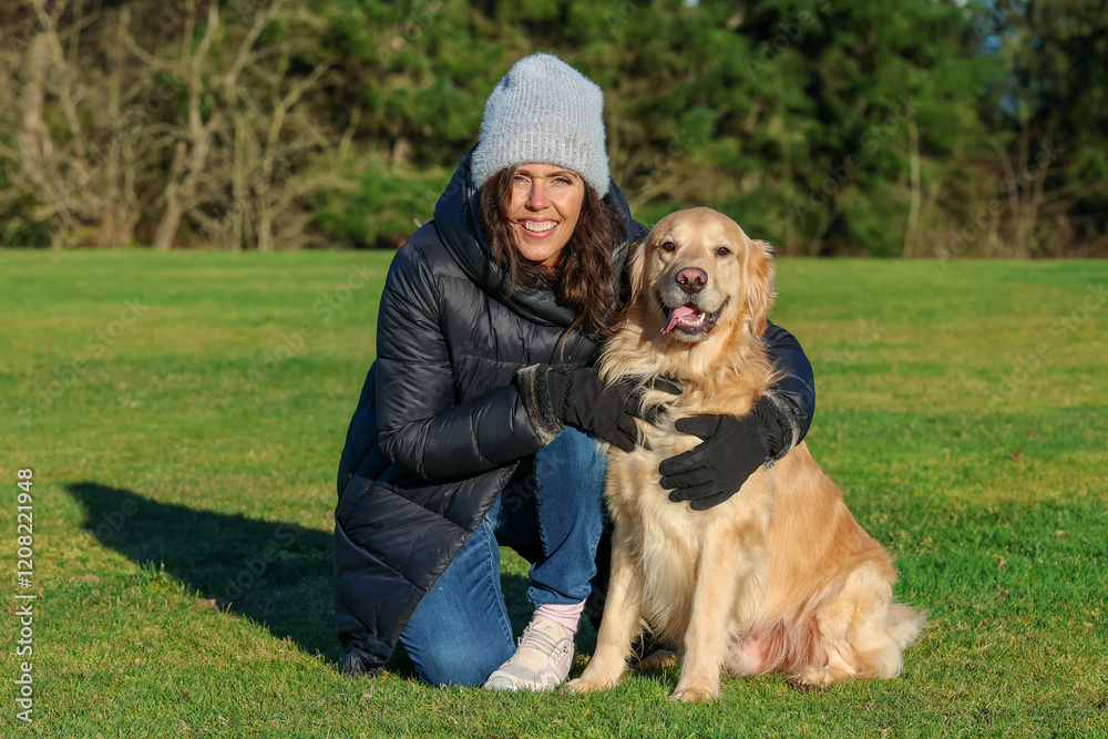 Adult woman wearing beanie cap and gloves for cold weather next to her friendly pet golden retriever dog outside on green grass. Adult woman wearing beanie cap and gloves for cold weather next to her friendly pet golden retriever dog outside on green grass.