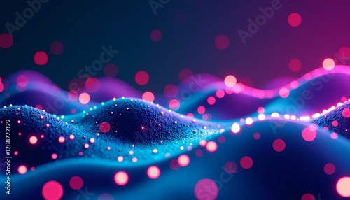 Abstract Neon Waves, Glowing Dots, Dark Blue Purple Pink Art Background