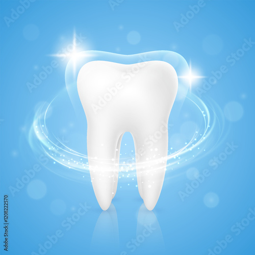 3d realistic healthy white tooth on blue background. Dental care, protection and whitening.