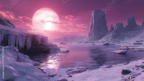 alien world with crystalline ice formations massive gas giant looming in purpletinted sky casting prismatic light effects photo