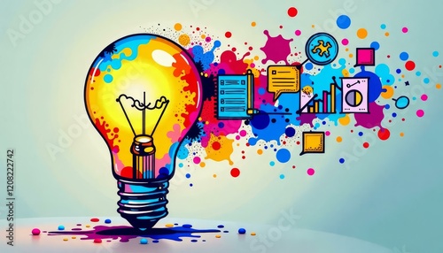 Colorful Idea Lightbulb with Business Icons and Graphic Elements
