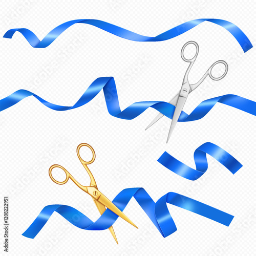 Realistic Blue Silk Ribbon Set with gold and silver scissors on white background.