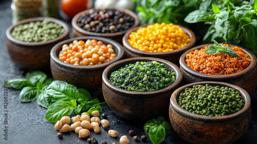 Colorful spices in wooden bowls on a rustic table Colorful spices in wooden bowls on a rustic table