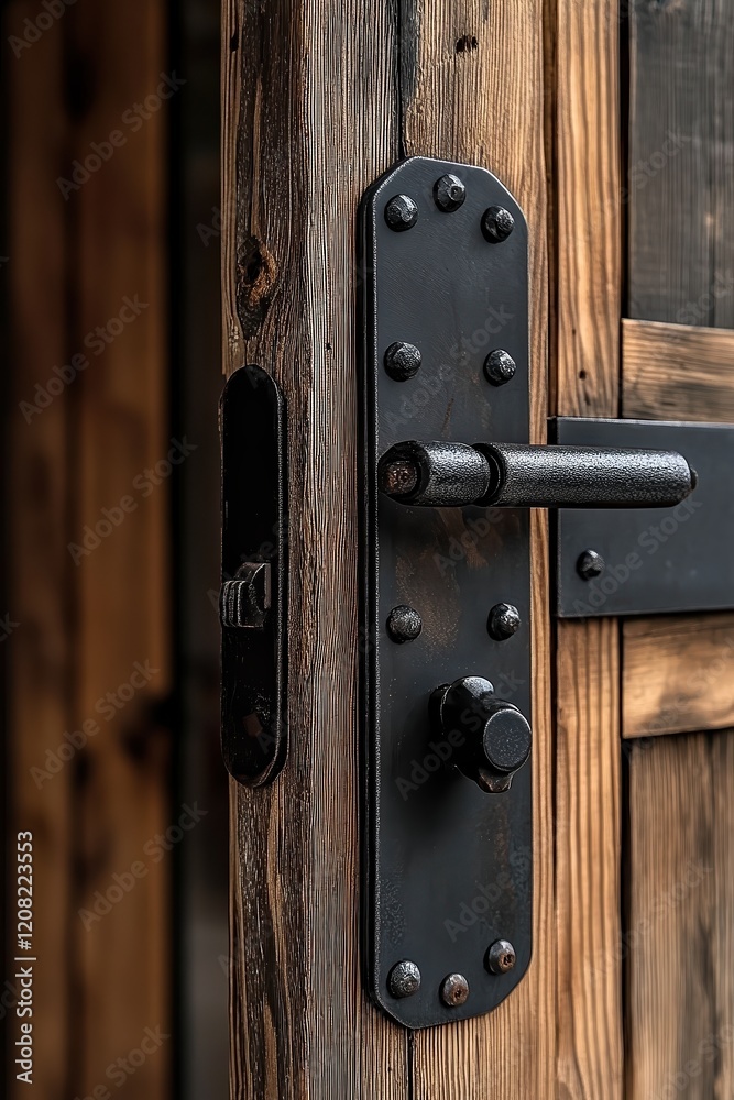 Obraz premium Close-up of rustic wooden door with black metal handle and bolts, combining modern industrial design with traditional craftsmanship. Rich wood texture adds warmth to detail.
