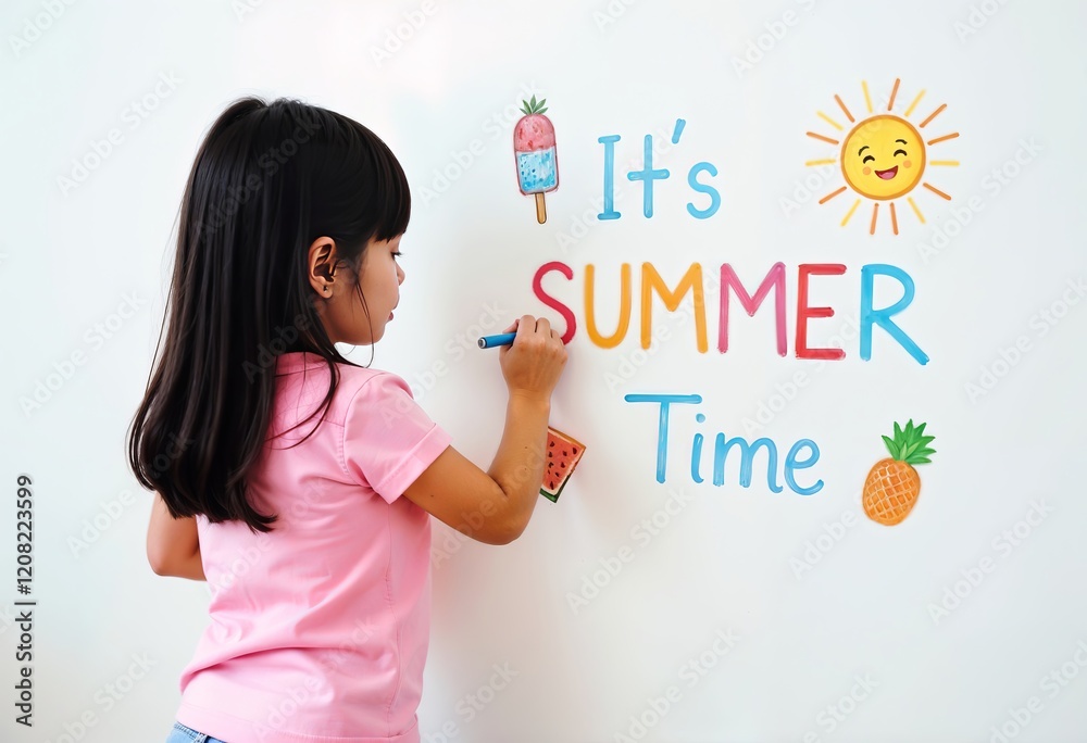 Little girl drawing colorful text that reads 'It's SUMMER Time' on wall Little girl drawing colorful text that reads 'It's SUMMER Time' on wall