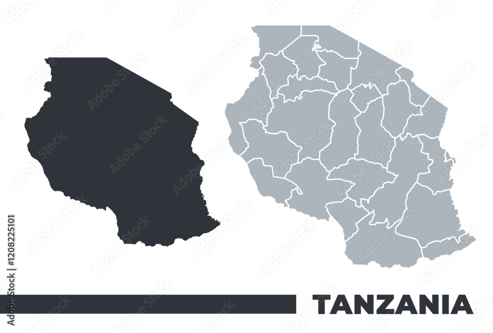 Obraz premium Tanzania flat and border outline vector maps