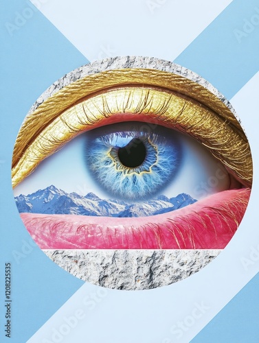 Golden Eye Landscape - A surreal image of a large eye with gold eyelids, reflecting a mountain landscape in its blue iris. Pink lower eyelid. photo