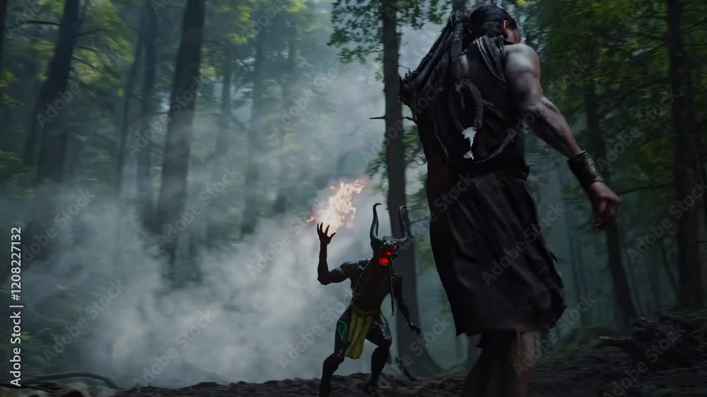 Demonic entity with twisted horns and sharp teeth conjuring a fiery orb in its hand, enveloped by the mystical ambiance of a misty, shadowy forest Demonic entity with twisted horns and sharp teeth conjuring a fiery orb in its hand, enveloped by the mystical ambiance of a misty, shadowy forest