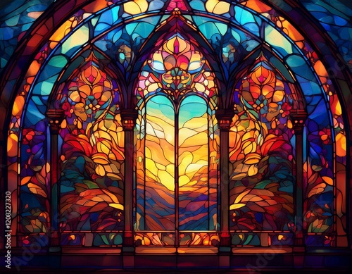 Beautiful colourful stained glass windows with sunlight shining through.