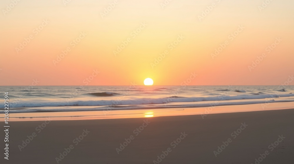 Fototapeta premium Serene Sunset: Ocean Beachscape in Warm Hues