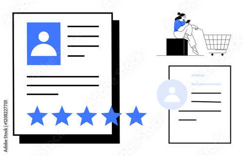 Documents with profile pictures and five-star ratings, person on phone near shopping cart. Ideal for reviews, e-commerce, quality assurance, customer feedback, online shopping, product evaluation