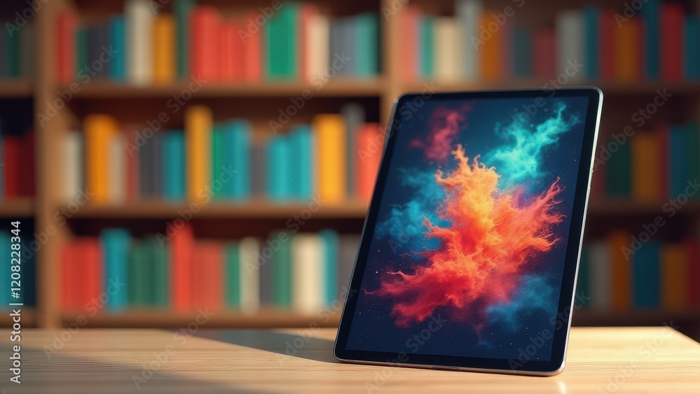 E-book Mockup on Tablet, Tablet with e-book cover vibrant library backdrop colorful books E-book Mockup on Tablet, Tablet with e-book cover vibrant library backdrop colorful books