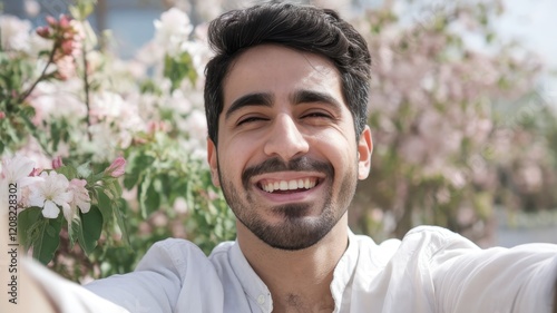 A smiling young man of Middle Eastern descent takes a selfie among blooming flowers, radiating happiness and joy in a sunny outdoor setting.