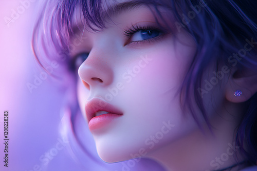 Dreamlike Gaze: A digital art portrait captures a beautiful young woman with striking blue eyes and soft violet hair, her gaze filled with an air of mystery and ethereal allure.